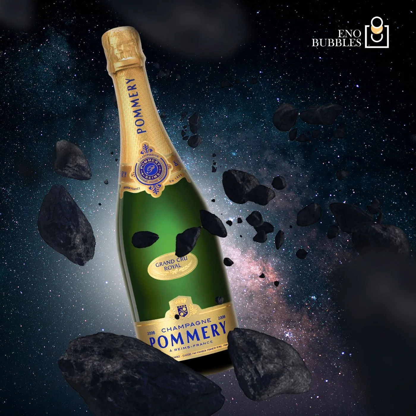 Campagna Eno Bubbles con bottiglia di champagne nello spazio